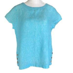 Cynthia Rowley 100% Linen Short Sleeve Coastal Top w/ Side Buttons Turquoise SM